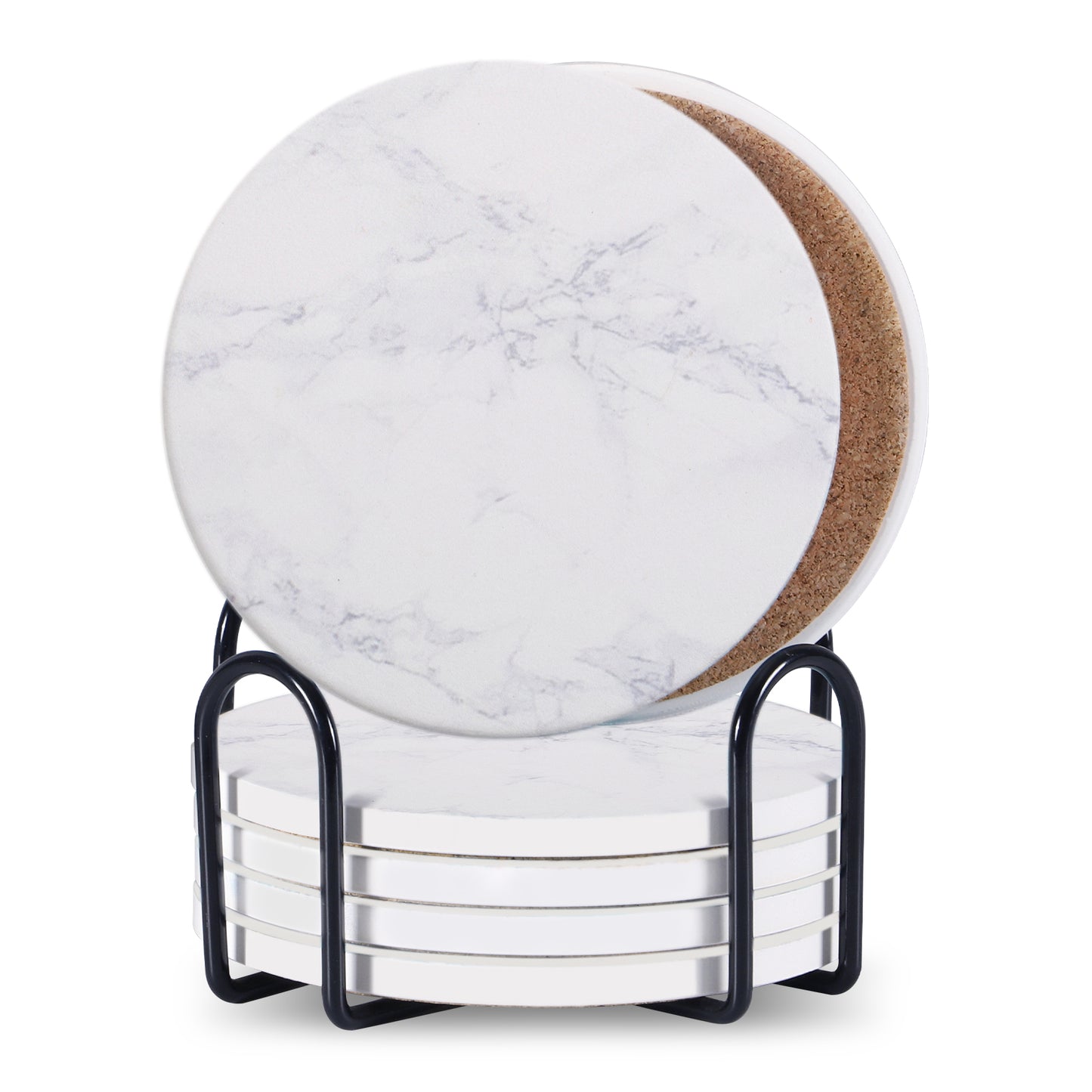 Marble Pattern Drink Coasters with Metal Stand – 6-Piece Decorative Set – Non-Slip Cork Base & Heat Resistant Printed Surface