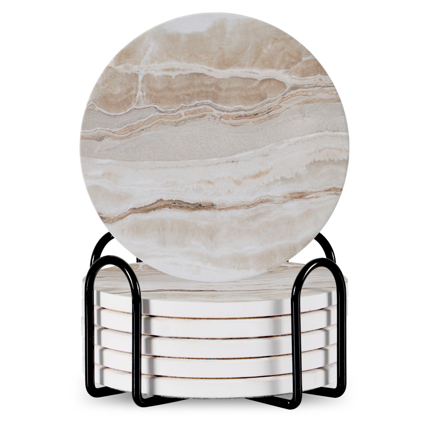 Marble Pattern Drink Coasters with Metal Stand – 6-Piece Decorative Set – Non-Slip Cork Base & Heat Resistant Printed Surface