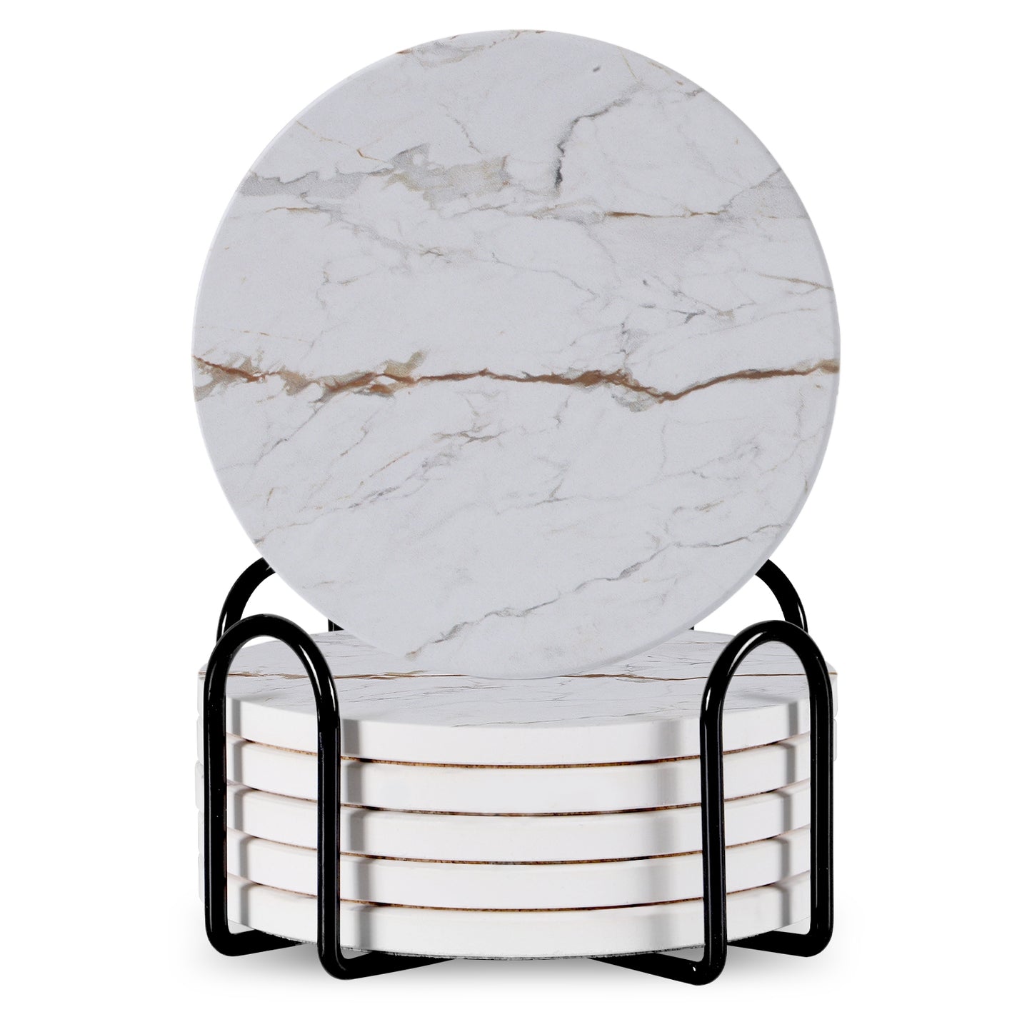 Marble Pattern Drink Coasters with Metal Stand – 6-Piece Decorative Set – Non-Slip Cork Base & Heat Resistant Printed Surface