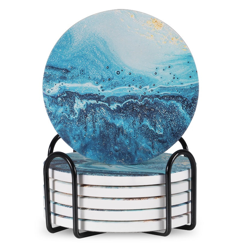 Marble Pattern Drink Coasters with Metal Stand – 6-Piece Decorative Set – Non-Slip Cork Base & Heat Resistant Printed Surface