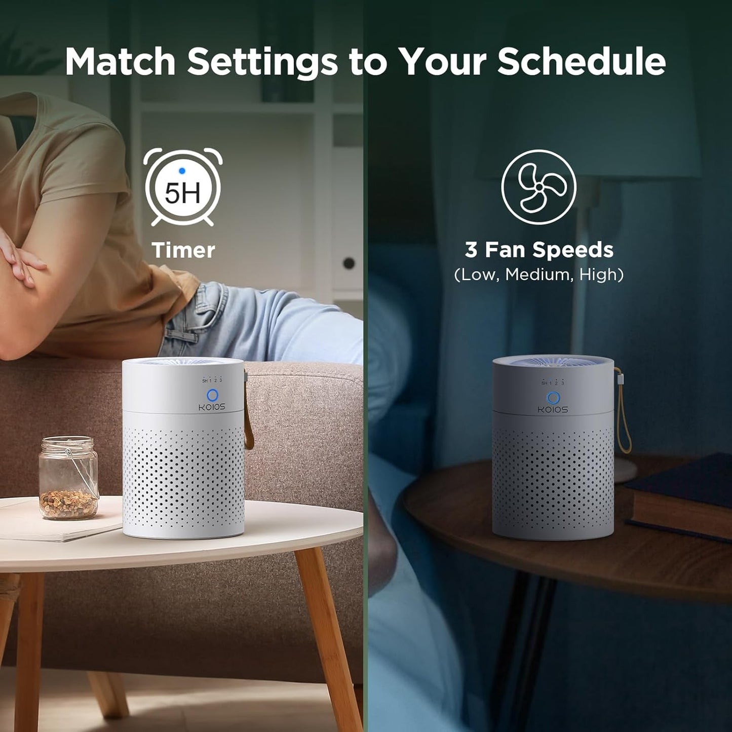 KOIOS Premium HEPA Air Purifier H13  – 360° Clean Air for Bedrooms & Living Spaces, Whisper-Quiet, Compact & Portable Design