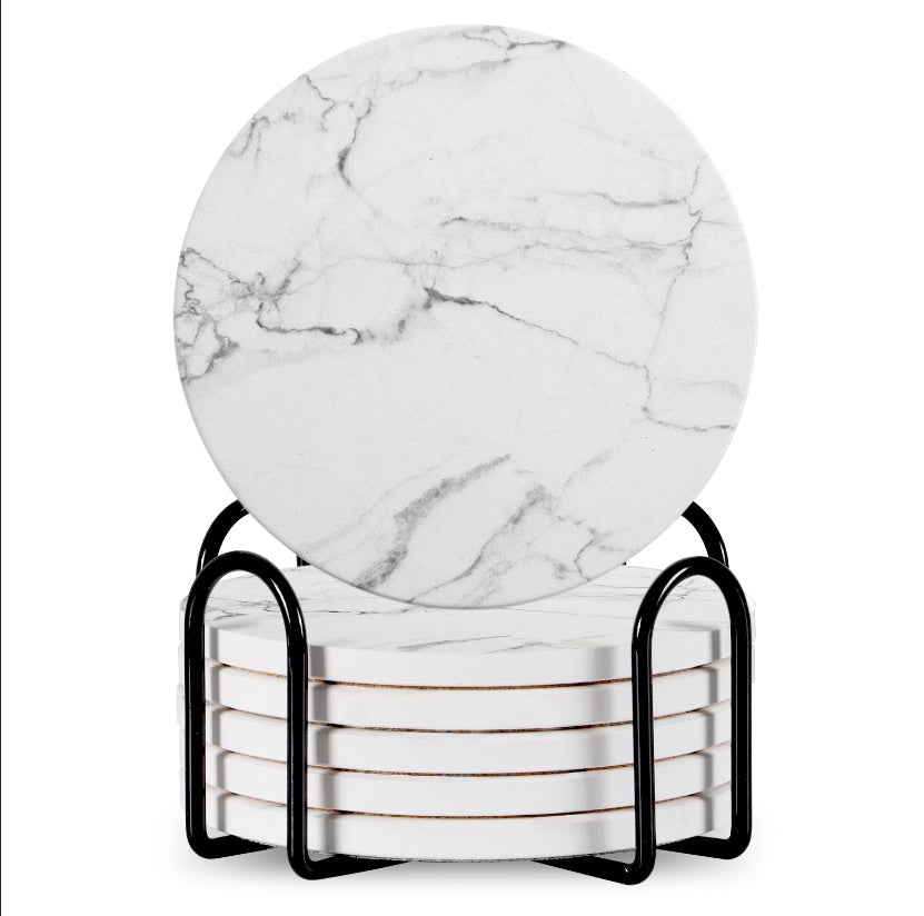 Marble Pattern Drink Coasters with Metal Stand – 6-Piece Decorative Set – Non-Slip Cork Base & Heat Resistant Printed Surface