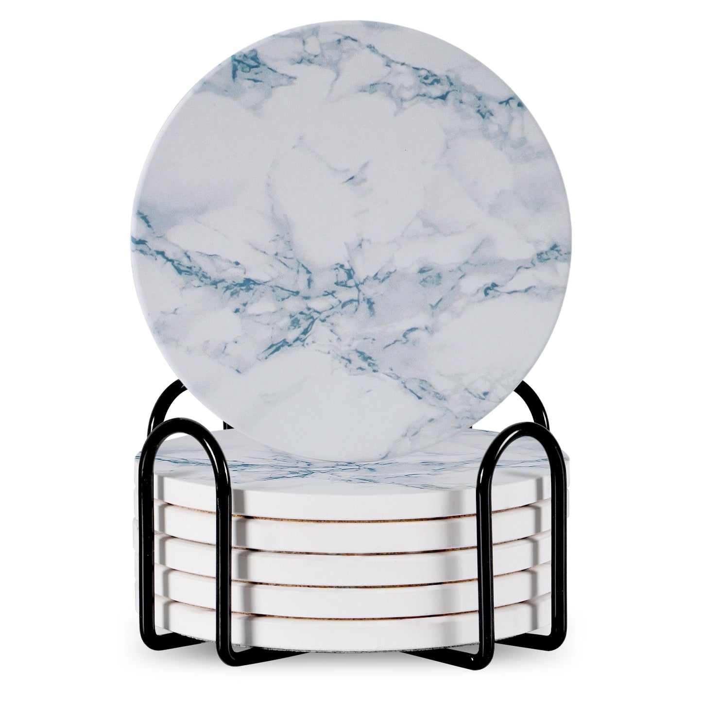 Marble Pattern Drink Coasters with Metal Stand – 6-Piece Decorative Set – Non-Slip Cork Base & Heat Resistant Printed Surface