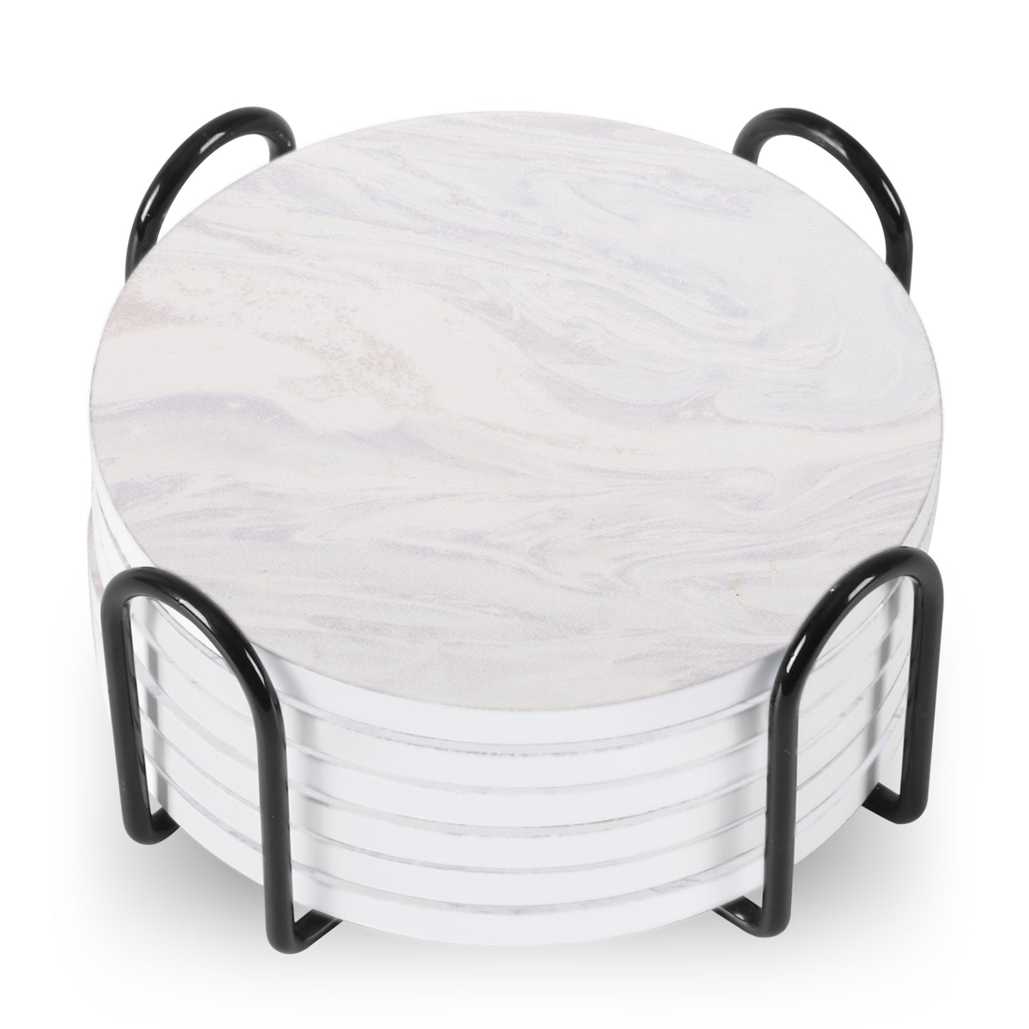 Marble Pattern Drink Coasters with Metal Stand – 6-Piece Decorative Set – Non-Slip Cork Base & Heat Resistant Printed Surface
